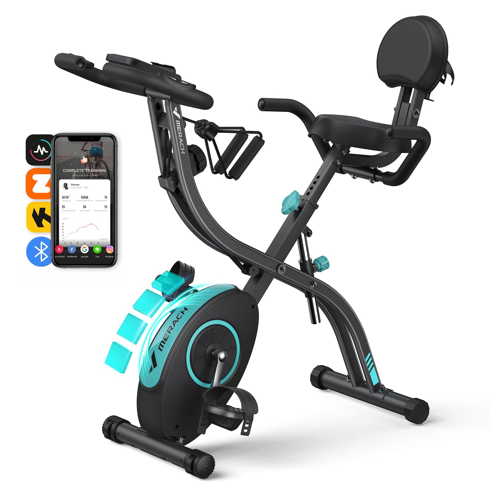 MERACH 4-in-1 Heimtrainer Klappbar, Hometrainer Fahrrad mit LCD Monitor und Handpulsmessung, Magnetisches Ergometer Fitnessbikes mit Bequemem Sitzkissen, 16-Stufiger Magnetwiderstand, Platzsparend