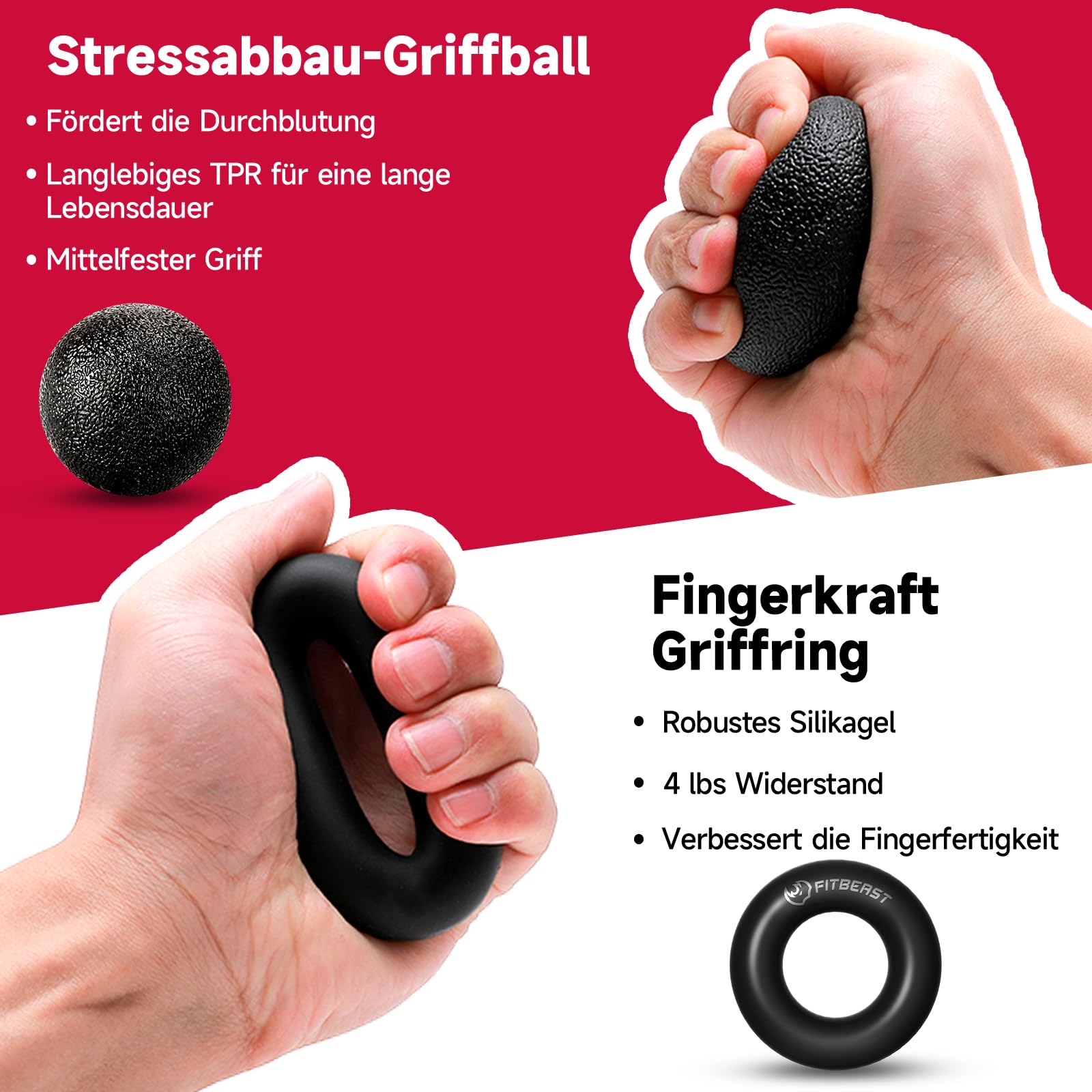 FitBeast Hand Grip Musculation Avant Bras - Pack de 5, Poignet Musculation Ajustable, Grip Musculation Main, Étireur de Doigts, Anneau d'exercice et Balle Anti-Stress
