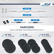 ArtSport 3in1 Hantelset mit 2 Kurzhanteln, 1 Langhantel & 1 SZ Curlhantel - 12 Gewichte mit 60kg und Sternverschlüssen - Hantel Set Krafttraining