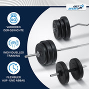 ArtSport 3in1 Hantelset mit 2 Kurzhanteln, 1 Langhantel & 1 SZ Curlhantel - 12 Gewichte mit 60kg und Sternverschlüssen - Hantel Set Krafttraining