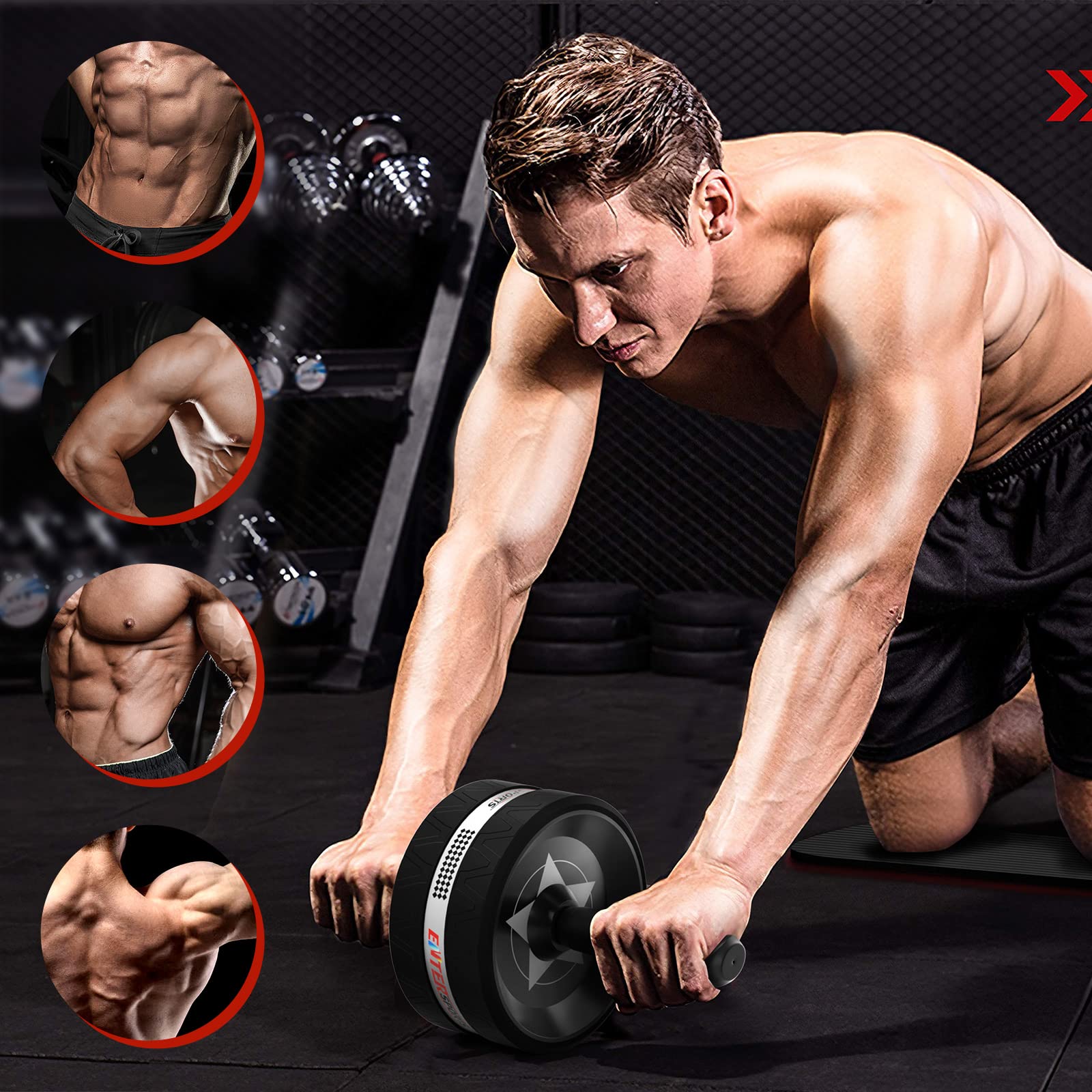 EnterSports Bauchroller Bauchmuskeltrainer ABS Roller, 6-in-1 Bauchtrainer mit Fitnessband, Liegestütze, Kniematte für Zuhause,Fitness Geräte, Bauchmuskel Roller, Gut für Heimtraining