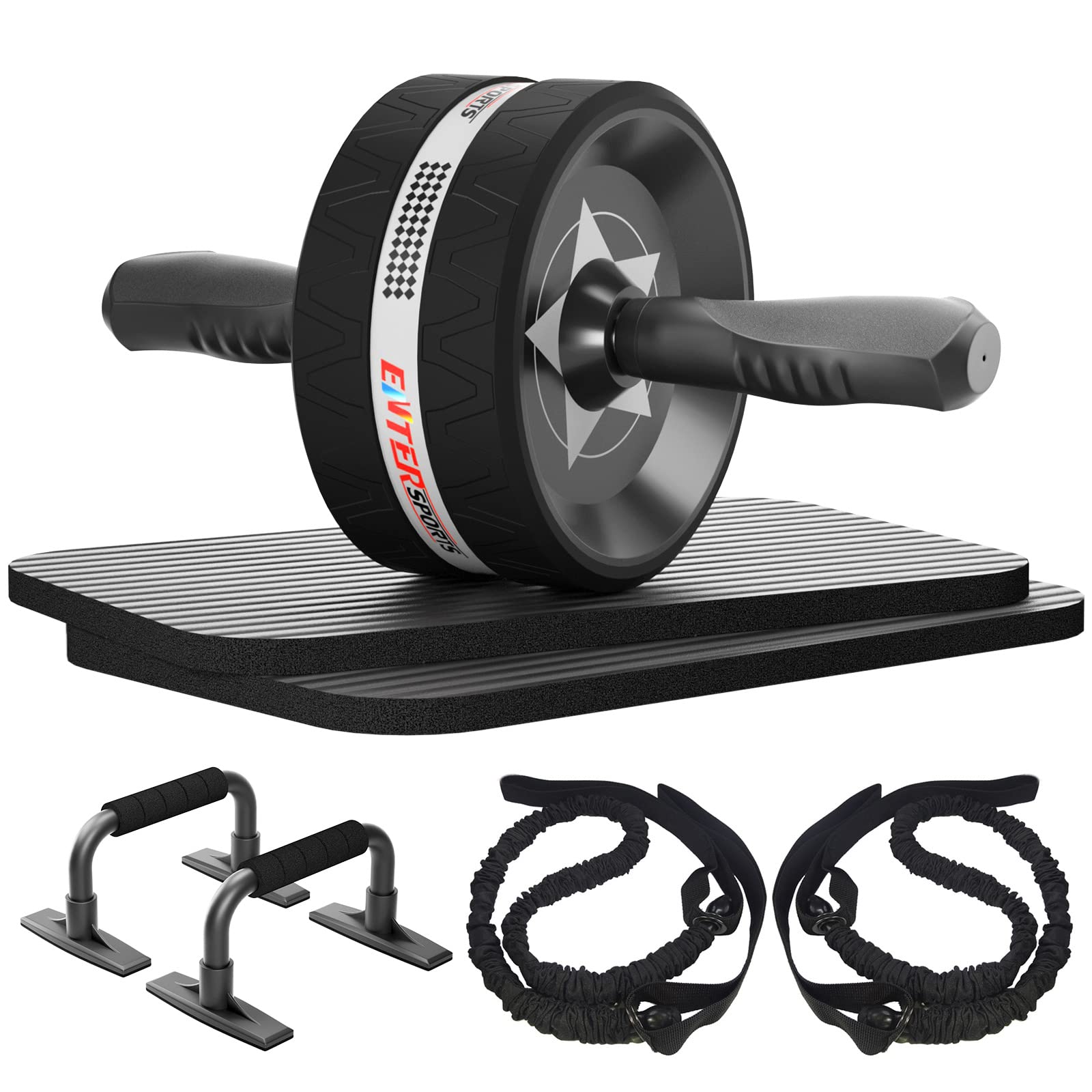 EnterSports Bauchroller Bauchmuskeltrainer ABS Roller, 6-in-1 Bauchtrainer mit Fitnessband, Liegestütze, Kniematte für Zuhause,Fitness Geräte, Bauchmuskel Roller, Gut für Heimtraining