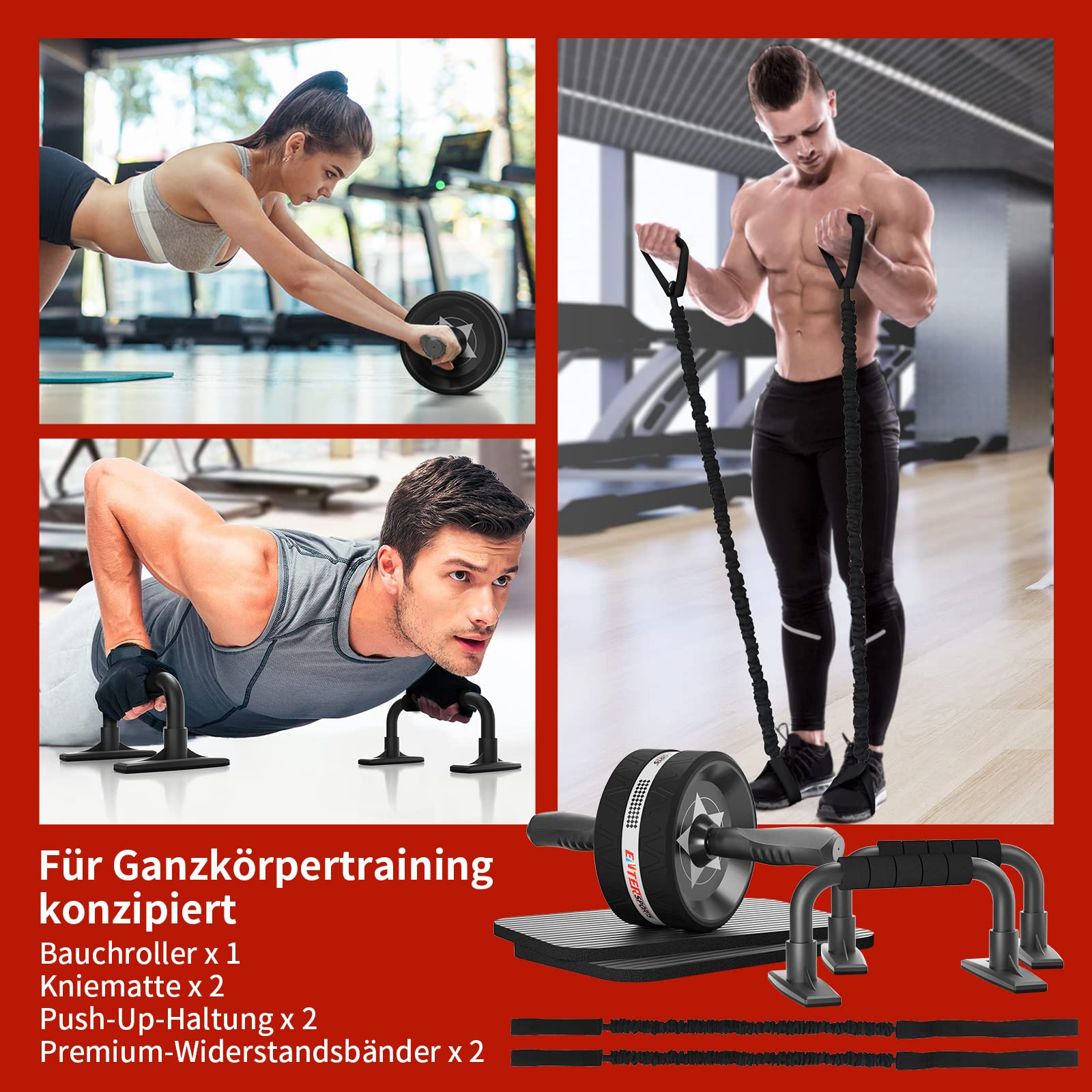 EnterSports Bauchroller Bauchmuskeltrainer ABS Roller, 6-in-1 Bauchtrainer mit Fitnessband, Liegestütze, Kniematte für Zuhause,Fitness Geräte, Bauchmuskel Roller, Gut für Heimtraining