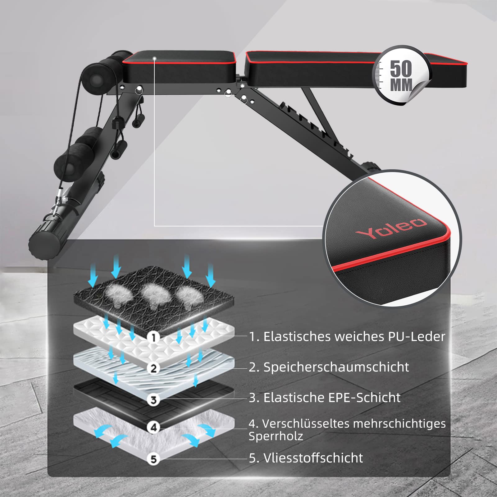 YOLEO klappbare Hantelbank Multifunktion Training Fitness Bank Bauchtrainer Schrägbank mit 6-Fach Verstellbarer Rückenlehne/3-Fach verstellbarer Sitzkissen,Belastung 300kg (Schwarz)