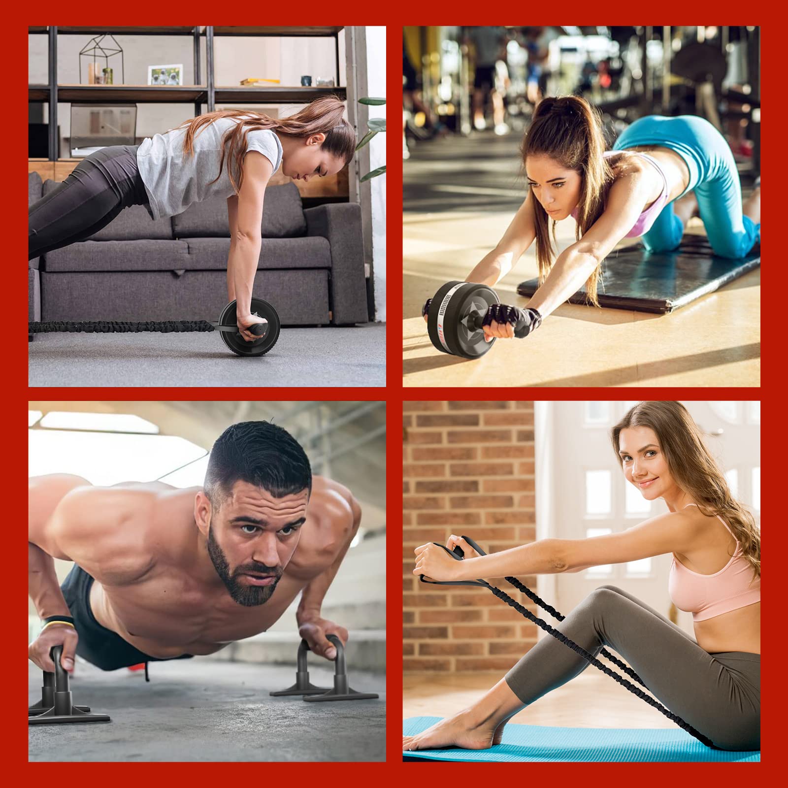 EnterSports Bauchroller Bauchmuskeltrainer ABS Roller, 6-in-1 Bauchtrainer mit Fitnessband, Liegestütze, Kniematte für Zuhause,Fitness Geräte, Bauchmuskel Roller, Gut für Heimtraining
