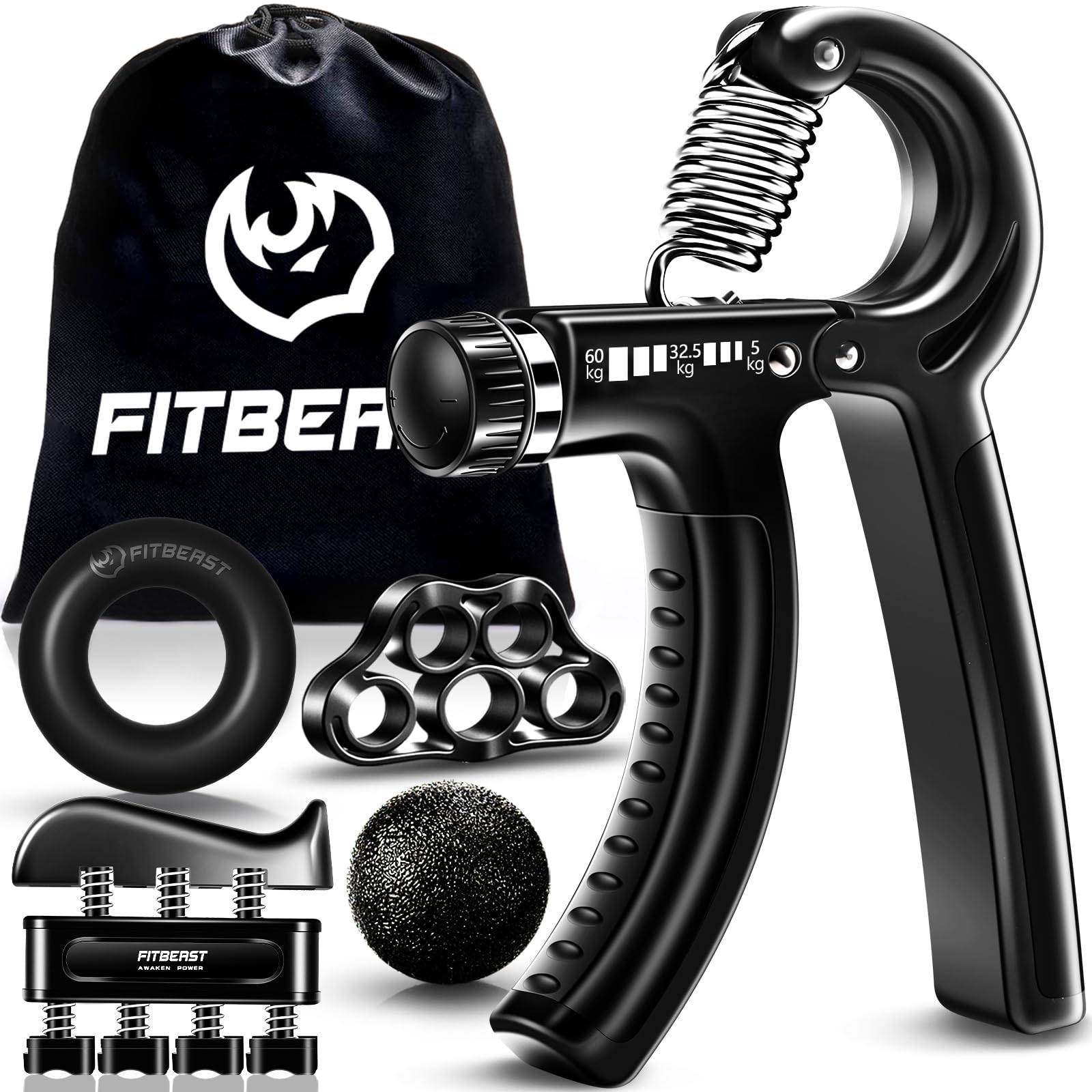 FitBeast Hand Grip Musculation Avant Bras - Pack de 5, Poignet Musculation Ajustable, Grip Musculation Main, Étireur de Doigts, Anneau d'exercice et Balle Anti-Stress