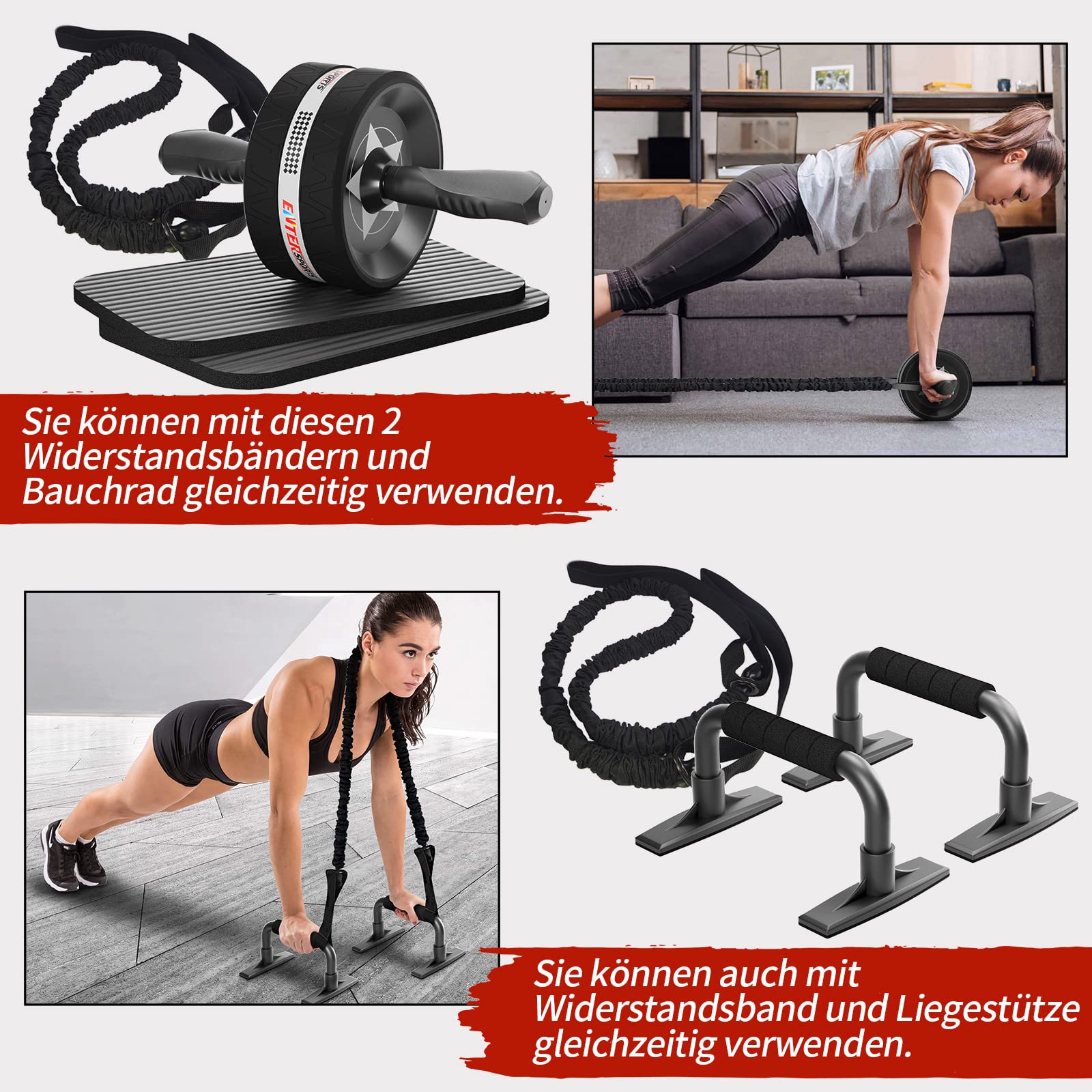 EnterSports Bauchroller Bauchmuskeltrainer ABS Roller, 6-in-1 Bauchtrainer mit Fitnessband, Liegestütze, Kniematte für Zuhause,Fitness Geräte, Bauchmuskel Roller, Gut für Heimtraining