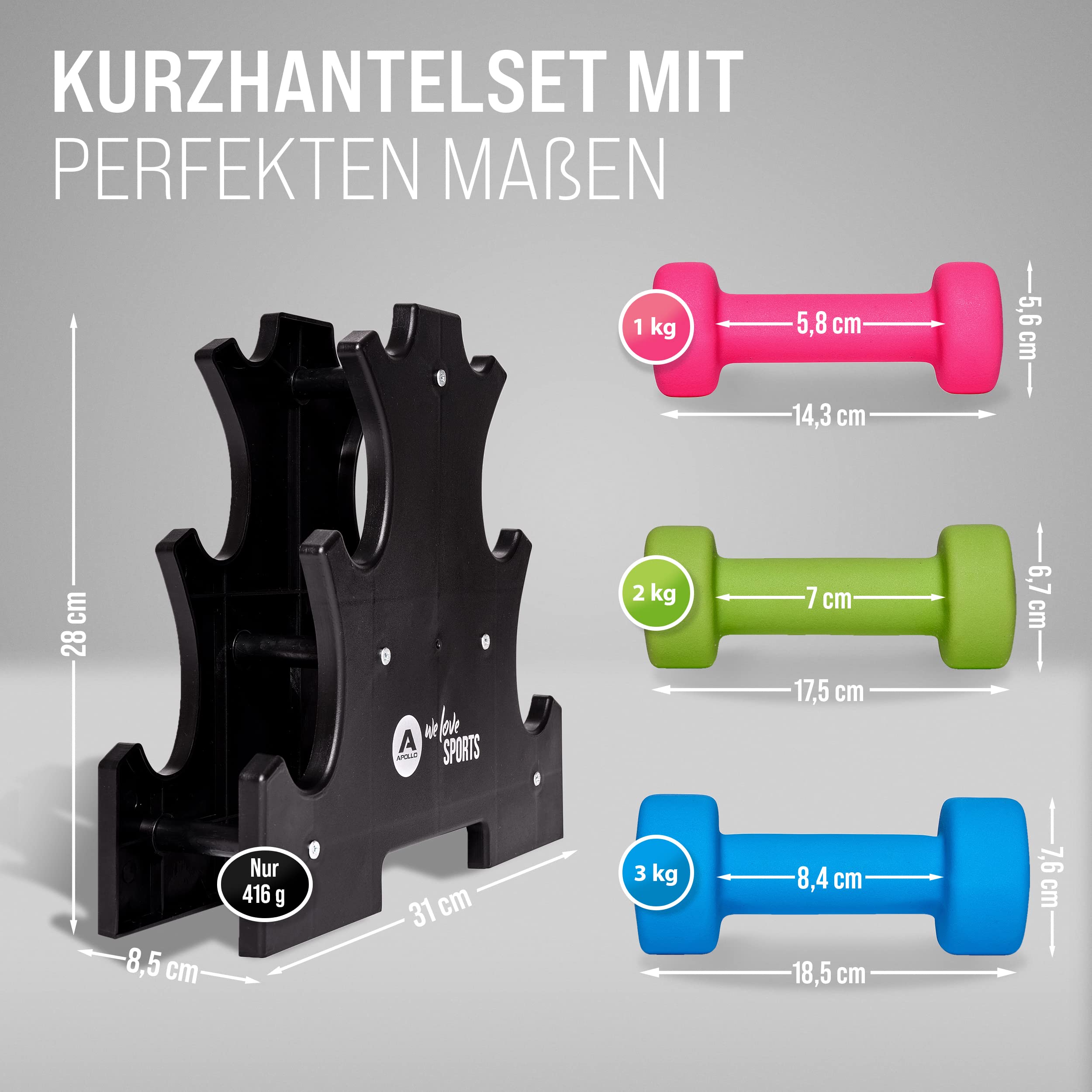 Apollo Hantel Set Kurzhantel Fitness 2x1kg, 2x2kg, 2x3kg inklusive Hantelständer für Kurzhantelset für Frauen & Männer Dumbbell weights 1kg, 2kg, Hanteln 3kg